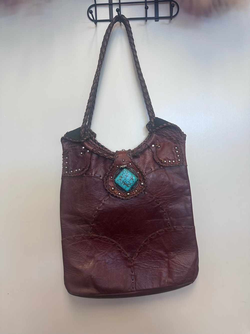 Handcrafted brown Leather Tote with Turquoise Accent